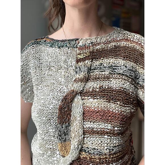 Vintage 80s Woven Leather Knit Top | Handmade Southwest Ribbon Weave | M/L - Picture 7 of 10